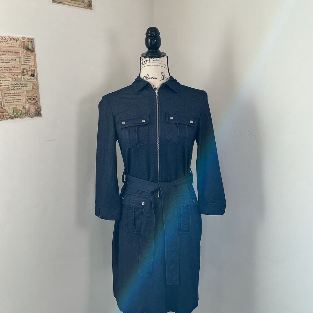 Sami + Dani Utility Zip Front Denim Shirt Dress Blue Belted XS 3/4 Sleeve Pocket